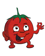 Funny, retro tomato cartoon character in vintage halftone effect giving thumbs up