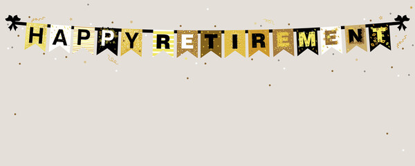 Vector illustration of Happy Retirement banner on a grey background with sparkles and confetti in flat design style - 359220460