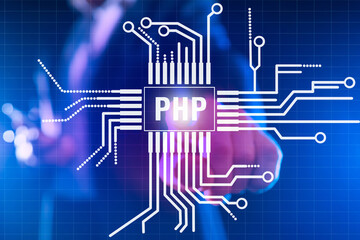 PHP programming language. The word PHP is in the middle of a pattern that resembles a printed circuit Board. Development of computer applications. Developer in PHP.