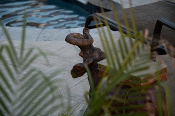 A travertine tile pool deck with plants and lounge chairs in the Arizona southwest .
