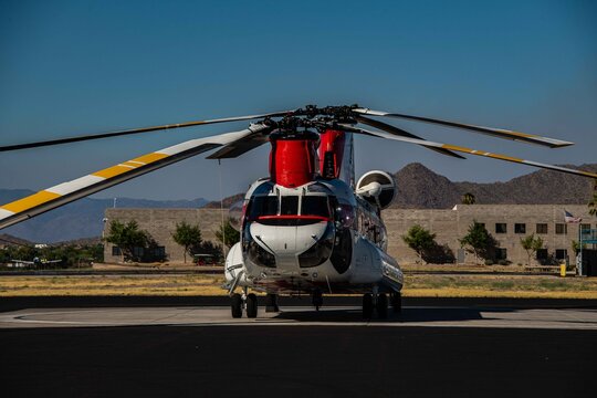 A CH-47 chinook helicopter close up on the ramp at the Falcon field airport in Mesa Arizona for the fire season.