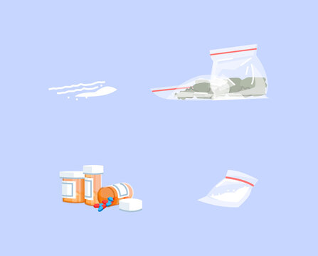 Illegal drugs semi flat RGB color vector illustrations set. Cocaine, marijuana, painkillers and heroin isolated cartoon objects on blue background. Drug abuse, narcotics addiction attributes pack
