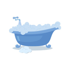 Blue bath with foam, open faucet, flowing water. Vector, flat 