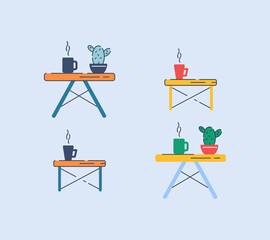 Coffee tables semi flat RGB color vector illustrations set. Contemporary furniture for home interior decoration. Small decorative desks isolated cartoon objects pack on blue background