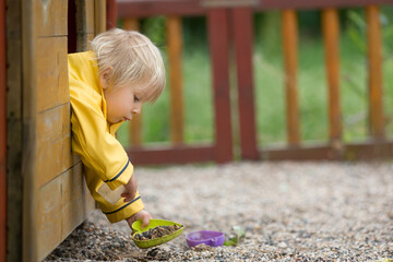 Cute child, blond boy, playing on playground on a cloudy day