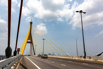 Fototapeta premium BANGKOK ,THAILAND - MAY 22, 2020 : Bhumibol Bridge in Thailand, also known as the Industrial Ring Road Bridge, in Thailand. The bridge crosses the Chao Phraya River.