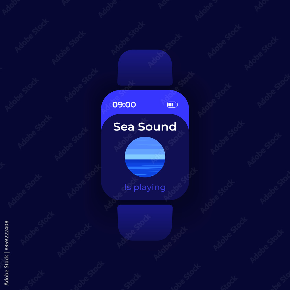 Poster Audio player smartwatch interface vector template. Mobile app notification night mode design. Relaxing sleep music on screen. Flat UI for application. Ocean icon on smart watch display