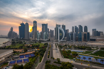 Naklejka na ściany i meble Beautiful Sky line view of after sunset. West bay Financial Hub of Doha City