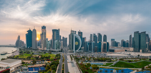 Naklejka na ściany i meble Beautiful Sky line view of after sunset. West bay Financial Hub of Doha City