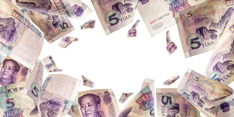 Us Yuan bill. Chairman Mao, Mao Zedong Chinese cash. Falling renminbi money background.