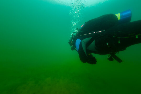 SCUBA Diver Swimming Though Fresh Water Weeds