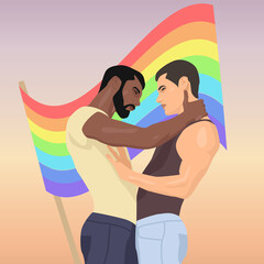 Two gay men hug against the background of a rainbow flag