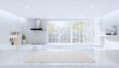 kitchen interior blur background with counter or table. Decoration with marble at top surface and tablecloth look clean and modern. With empty or copy space for mock up or product display. 3d render.