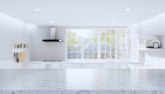 kitchen interior background with counter or table. Decoration with marble or natural stone at top surface look clean and modern. With empty or copy space for mock up or product display. 3d render.