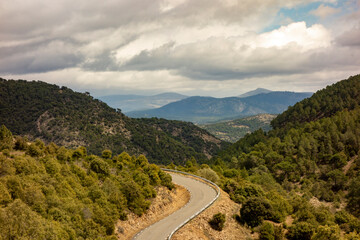 Fototapeta na wymiar Landscape with far view of mountains on Saint James way, Camino de Levante from Toledo to Avila, Spain 