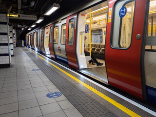 A tube train with social distancing measures at Euston Square railway station in London