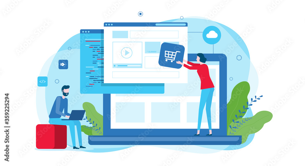 Poster developer and designer team build online website and flat vector illustration design for web landing banner background concept  