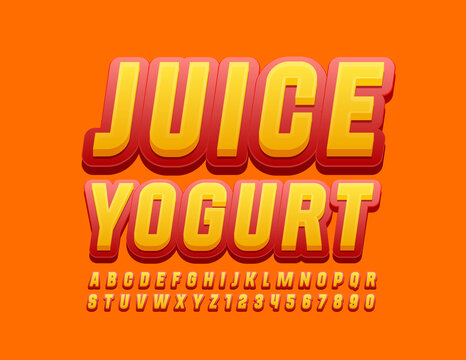 Vector tasty emblem Juice Yogurt with Red and Yellow Font. Modern Alphabet Letters and Numbers
