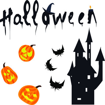 set for halloween scary houses and the inscription happy halloween, vector set in flat style scary pictures