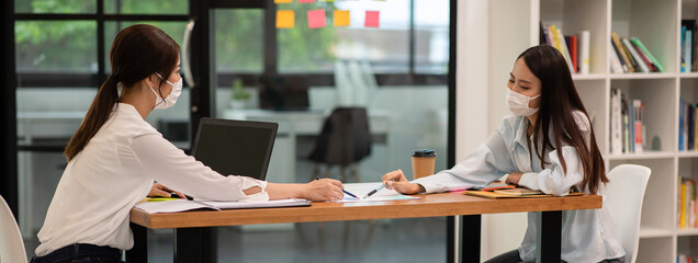 Banner of Business woman wearing face mask meeting and work together
