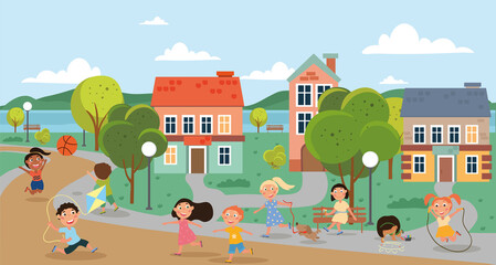 Houses in a city with happy diverse children playing ball, skipping and laughing in the street and park, colored vector illustration