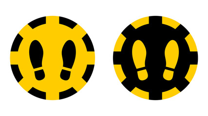 Round Floor Marking Adhesive Sticker Icon with Shoeprints or Footprints for Queue Line or Other Purposes Requiring Social Distancing. Vector Image.