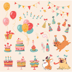Vector set of Dog Birthday party and elements for design - dogs, cakes, bones, champagne, garlands, tubules, holiday hats and canine treat. Decorative elements in cartoon style, Corgi, Pug, Labrador