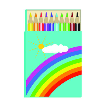 Colored pencils in a box. Isolated vector image on a white background. Clipart. School supplies