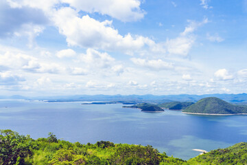 Naklejka premium Beautiful scenery views of nature with a large reservoir above the Srinagarind Dam at Rai Ya Yam in Si Sawat District, Kanchanaburi Thailand.