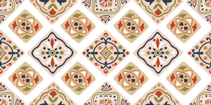Hand drawn seamless tribal pattern in brown, blue, green. Modern textile wall art design.
