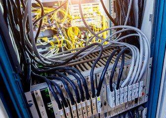 Server room with computers for internet. Network cables connected to switches.