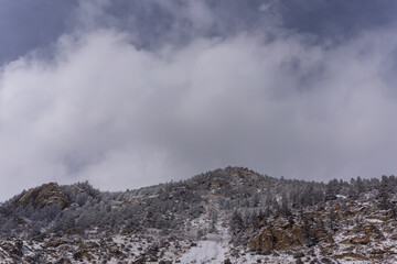 Snowy Rocky Mountains outside of Denver Colorado, highway to ski resorts