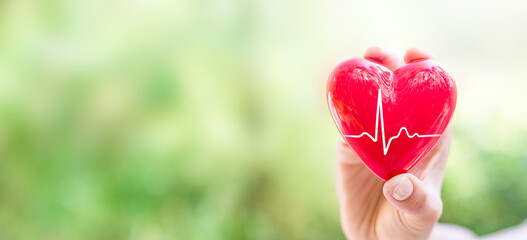 The woman is holding a red heart.