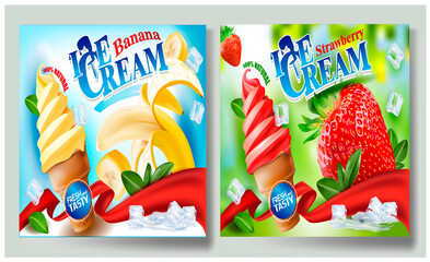 3d Soft Ice Cream with Banana and Srtrawberry in a Waffle Cone.Vector realistic image of Banana, purified fruit.Picture for sale of fruit and ice cream. Label, wrapper, poster, leaflet.