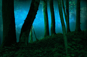 Mysterious blue smoke in dark green twilight forest. Mossy trees silhouettes in misty enchanted atmospheric woodland
