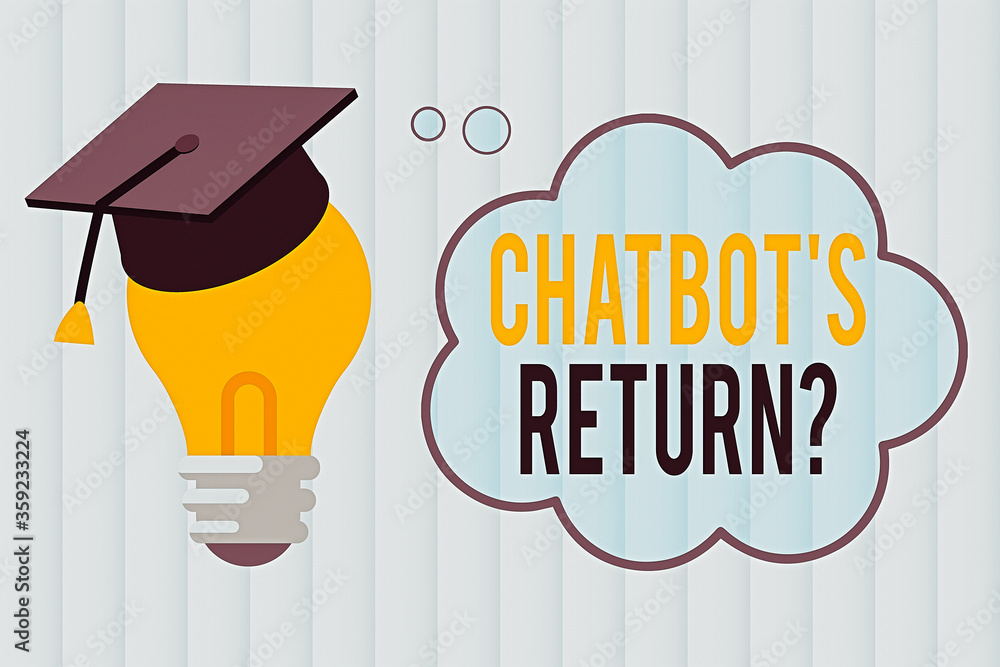 Aufkleber Text sign showing Chatbot s is Return Question. Business photo showcasing program that communicate use text interface and AI 3D Graduation Cap Thinking Resting on Bulb with Blank Cloud Thought Bubble