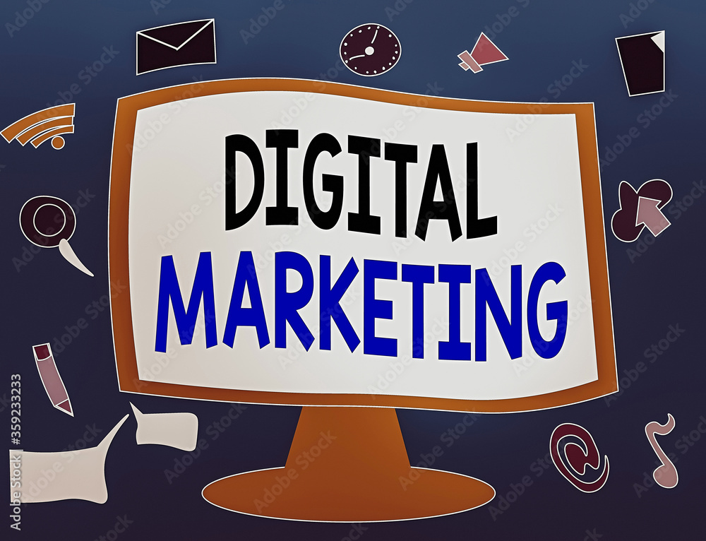 Aufkleber writing note showing digital marketing. business concept for promotion of products or brands using e