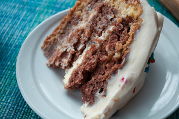 Chocolate sponge cake with cream icing  on a white plate