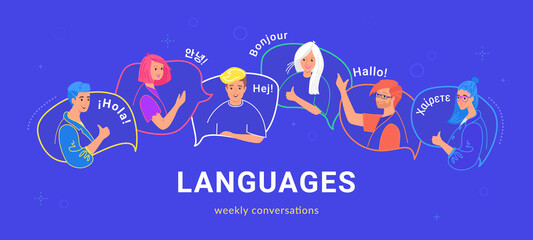 Happy multilingual teenagers talking and greeting each other in different languages. Flat vector illustration of young people on speech bubbles talking together as native speakers isolated on blue