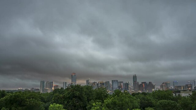 Time Lapse of Large Storm Clouds and Raining Moving Over Austin Texas