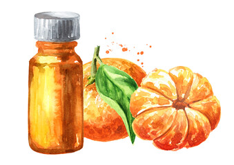 Mandarines essential oil, aromatherapy. Hand drawn watercolor illustration isolated on white background