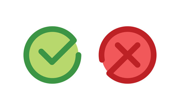 Check Mark Icons. Green Tick Symbol And Red X Sign In Circle. Icons For Evaluation Quiz. Vector.