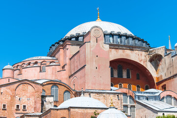 Fototapeta na wymiar Istanbul, Turkey / July 2019 Mosque of sacred importance in Islam and Christian religion. Hagia Sophia Museum, which was used as a mosque for a long time after the church when it was first built