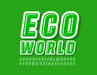 Vector green banner Eco World with Modern glossy Font. Trendy Alphabet Letters and Numbers