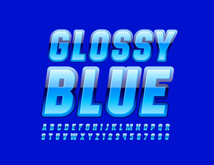 Vector Glossy Blue Alphabet letters and Numbers. Trendy modern Font