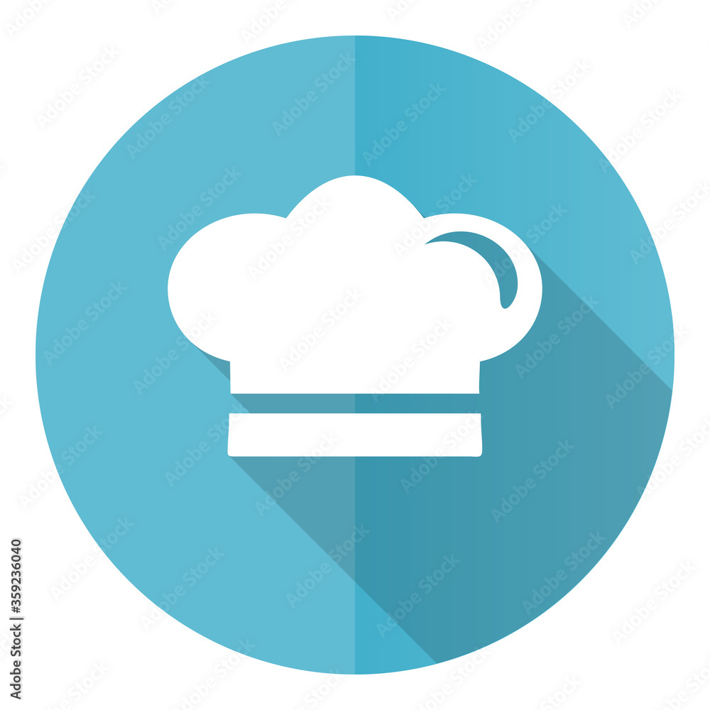 Poster cook vector icon, flat design blue round web button isolated on white background