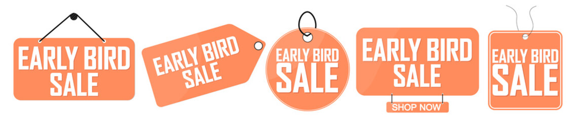 Set Early Bird Sale banners, discount tags design template, special offer, end of season, vector illustration 