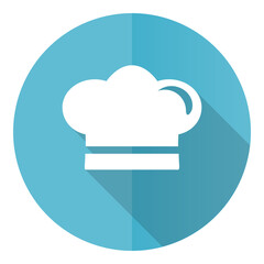 Cook vector icon, flat design blue round web button isolated on white background