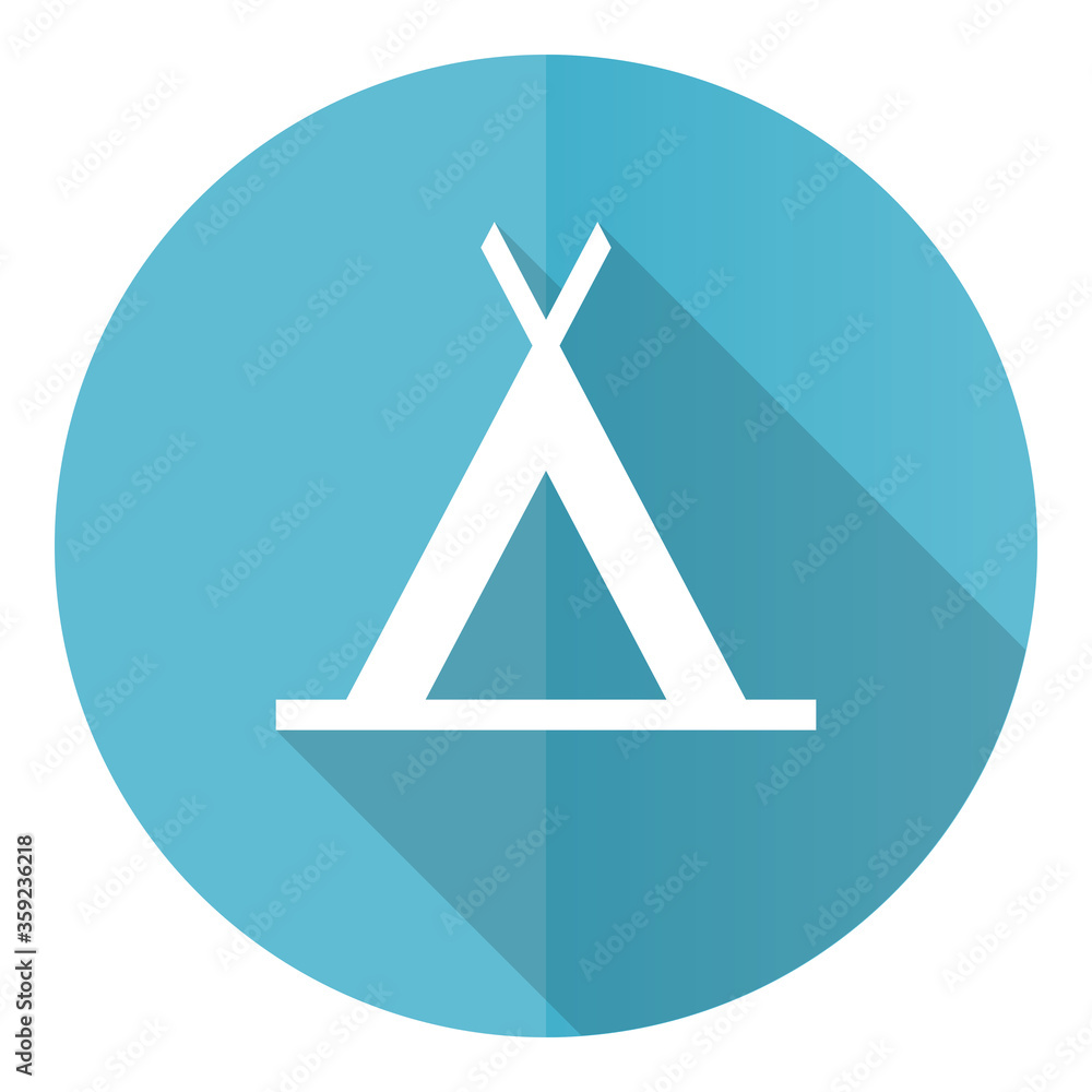 Poster camp vector icon, flat design blue round web button isolated on white background