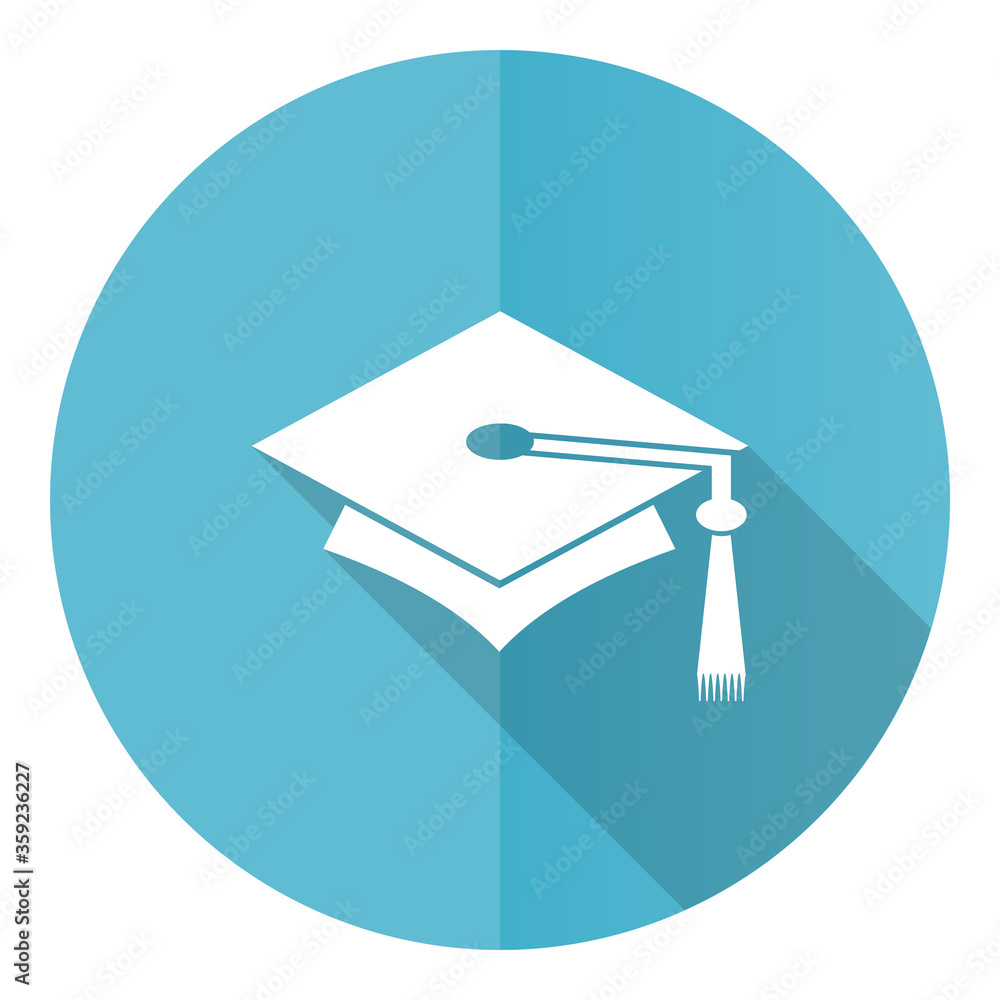 Poster education vector icon, flat design blue round web button isolated on white background